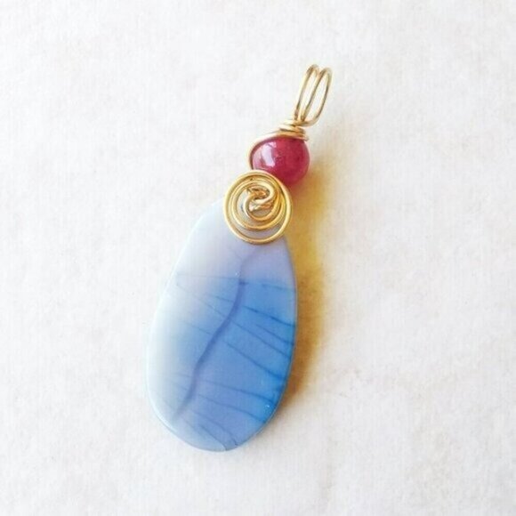 Sky Blue & Berry Red Agate Pendant - Wire Wrapped! Upbeat & Positive Vibes! - Picture 3 of 9